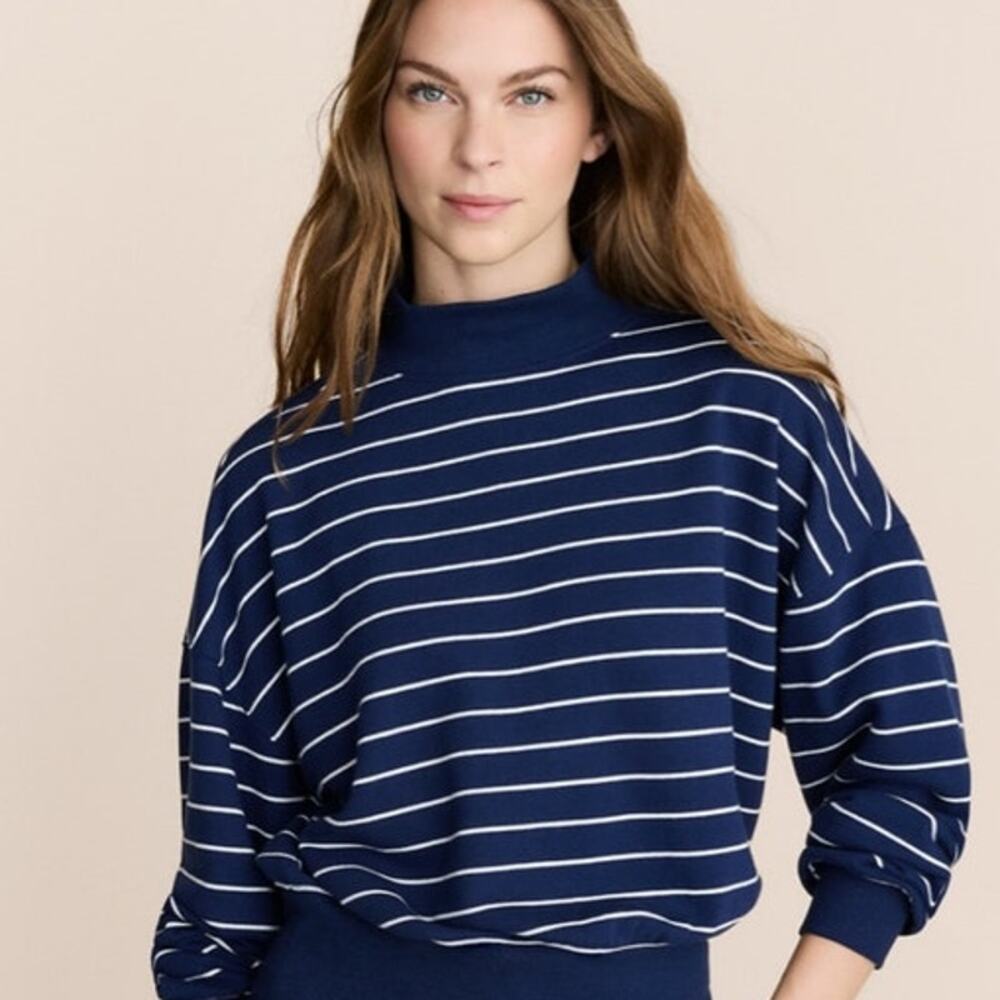 Lou & Grey Loft Striped Cozy Cotton Mock Neck Sweatshirt Blue White XS NWT